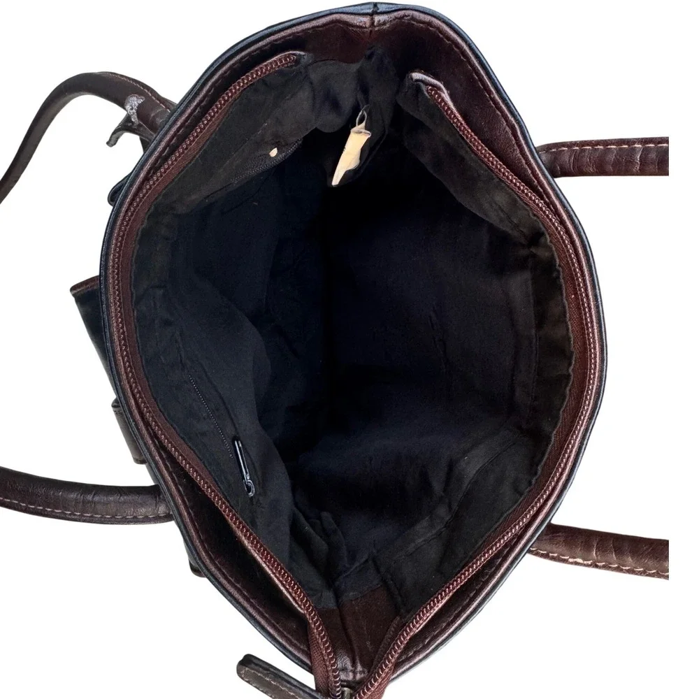 Vintage Black Brown Leather Multi Pocket Shoulder Bag Tote